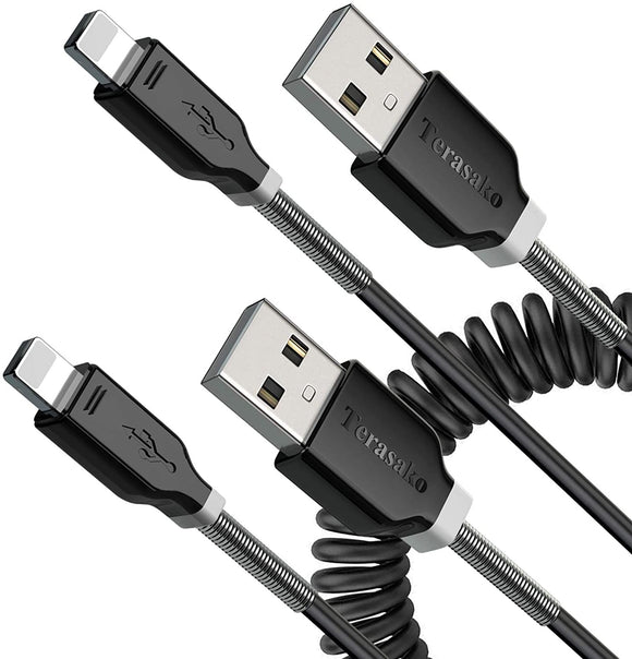 Coiled Lightning Cable for Car (2Pack, 4 Feet, 1.2 Meters), Retractable Cable - Black