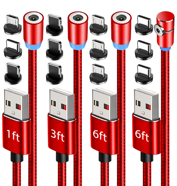 Terasako Magnetic Charging Cable 4-Pack (1/3/6/6/FT) - 360° Rotating Magnetic Phone Charger Cable with LED Light - 90° Angle Connector, Nylon-Braided Cords