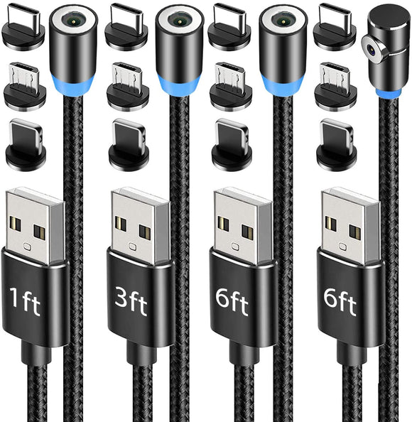 Terasako Magnetic Charging Cable 4-Pack [1ft/3ft/6ft/6ft], 3-in-1 Nylon Braided Cord, Compatible with Mirco USB, Type C Smartphone and iProduct Device