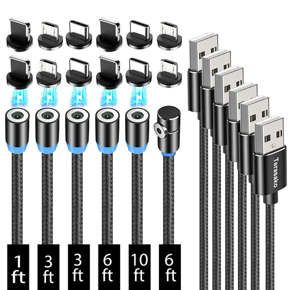Terasako Magnetic Charging Cable 6-Pack [1ft/3ft/3ft/6ft/6ft/10ft], 3 in 1 Nylon Braided Magnetic Phone Charger, Compatible with Micro USB, Type C, iProduct and Most Devices（732688971067）